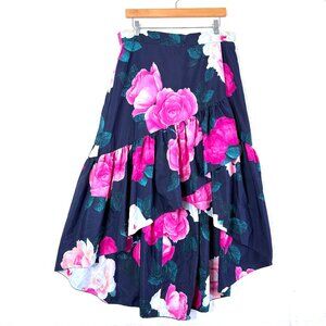 Eliza J Traffeta Ruffle Asymmetrical Wrap Floral Tiered Skirt Womens 14 Blue
